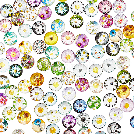 ガラスカボション  デイジー模様の半円形  花柄  1/2インチ（12mm）  100個/袋 GLAA-WH0025-23A-1