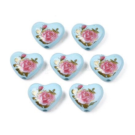 Flower Printed Opaque Acrylic Heart Beads SACR-S305-28-G04-1