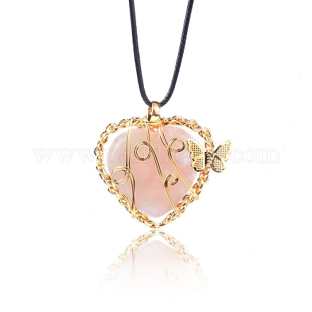 Colgantes de corazón envueltos en alambre de metal de cuarzo rosa natural PW-WG13885-02-1