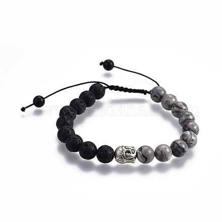 Bracelets de perles tressées en pierre de lave naturelle BJEW-JB04128-01-1