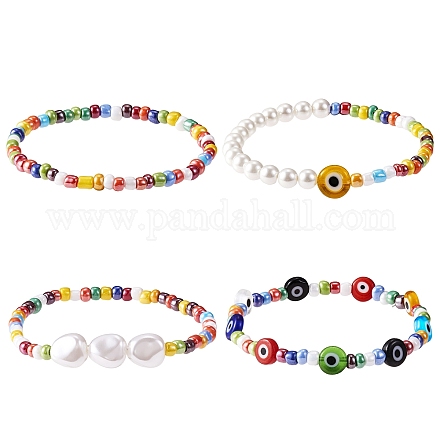 4 Stück 4 Stil Shell Pearl & Glass Seed Beads Stretch-Armbänder mit bösem Blick für Frauen BJEW-SW00056-1