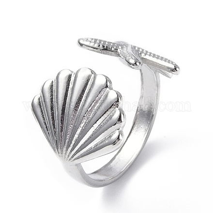 304 concha de acero inoxidable con anillo de puño abierto de estrella de mar para mujer RJEW-C046-03P-1