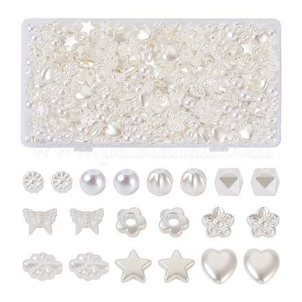 Biyun 500 個 10 スタイル abs プラスチック模造真珠ビーズ  パンプキン＆フラワー＆キューブ  アンティークホワイト  6~12x6~12x3~8mm  穴：1.4~2.3mm  50個/スタイル KY-BY0001-02-1