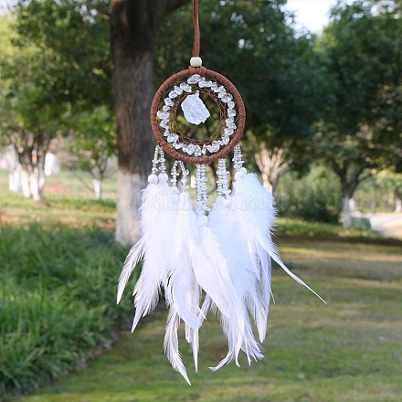 Natural Quartz Crystal Chips Woven Net/Web with Feather Pendant Decoration WICH-PW0001-39A-1