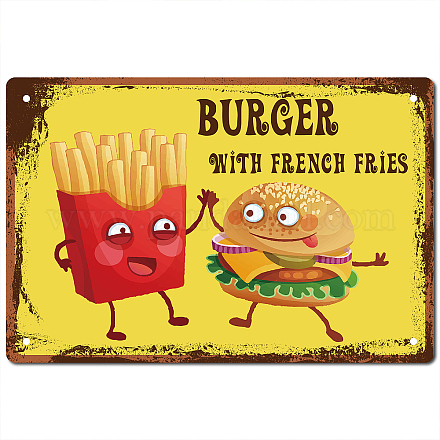 CREATCABIN Tin Signs Burger With French Fries Metal Vintage Sign Wall Art Decor Plaque Poster Artwork for Home Kitchen Bathroom Garden Cafes Pubs Restaurants Office Decoration 12x8 Inch AJEW-WH0157-310-1