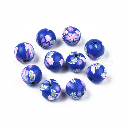 手作り樹脂粘土ビーズ  花の丸  ミディアムブルー  10~11x10mm  穴：1.5mm CLAY-S092-65-1