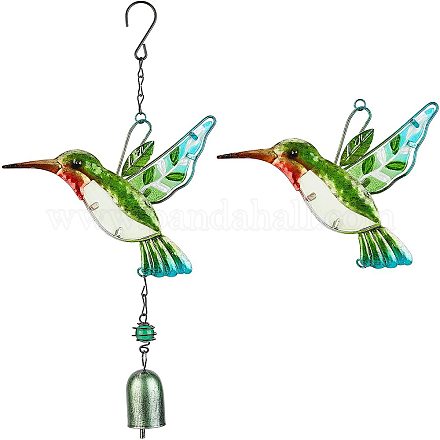 Benecreat grünes Kolibri-Windspiel tragbares Eisen-Vogel-Windspiel mit Glocke für Zuhause HJEW-WH0028-21-1