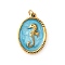 304 Stainless Steel Enamel Pendants, Oval with Sea Horse Charms, with Jump Ring, Ion Plating(IP), Real 18K Gold Plated, Light Blue, 20x14x3mm, Hole: 2.5mm