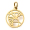 304 Stainless Steel Charms, with Jump Ring, Flat Round with Leaf Charm, Laser Cut, Ion Plating(IP), Real 18K Gold Plated, 14x12x1mm, Hole: 3mm