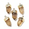 Natural Fluorite Faceted Pendants, Sword Shaped Charms with Rack Plating Brass Findings, Golden, 21~23x9x10.5mm, Hole: 1.6mm