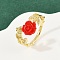Flower Resin Cuff Rings, with Brass Findings, Real 18K Gold Plated, 14mm, US Size 8 1/2(18.5mm)