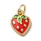 Rack Plating Brass Enamel Charms, with Jump Ring, Long-Lasting Plated, Lead Free & Cadmium Free, Real 18K Gold Plated, Strawberry Charm, Red, 12x9x2mm, Hole: 3.5mm