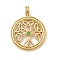 304 Stainless Steel Pendants, Flat Round with Tree, with Rhinestone, Manual Polishing, Ion Plating(IP), with Jump Ring, Real 18K Gold Plated, 44x34x5mm, Hole: 5x6.5mm