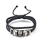 PU Leather & Waxed Cords Triple Layer Multi-strand Bracelets, Braided Adjustable Bracelet Alloy Skull, Black, Inner Diameter: 2-3/8~3-1/8 inch(5.9~8cm)