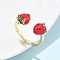 Brass with Enamel Cuff Open Rings for Women, Real 18K Gold Plated, Strawberry, Inner Diameter: 18mm