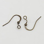 Brass French Earring Hooks, Flat Earring Hooks, Nickel Free, with Beads and Horizontal Loop, Antique Bronze, 15mm, Hole: 2mm, Pin: 0.7mm