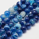 Chapelets de perles en agate rayée naturelle/agate à bandes, ronde, Grade a, teinte, Dodger bleu, 8mm, Trou: 1mm, Environ 47~48 pcs/chapelet, 14.5 pouce