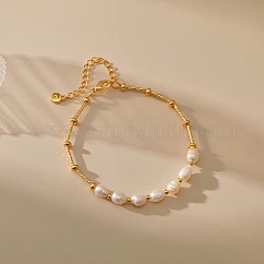 Bracelets élégants en perles d'eau douce naturelles et perles de laiton pour femmes, véritable 18k plaqué or, diamètre intérieur: 6-3/4 pouce (17 cm)