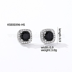 Eleganti orecchini quadrati con zirconi da donna, alla moda e versatile, quadrato, argento, nero, 9x9mm