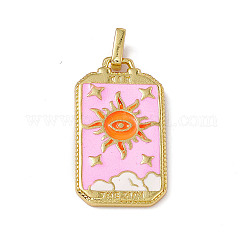 Emaille Anhänger Legierung, Rechteck, Tarot-Muster-Charm, golden, Perle rosa, Sonnenmuster, 26x14x2 mm, Bohrung: 2x3 mm