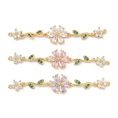 真鍮舗装キュービックジルコニアコネクタチャーム  花のリンク  ヘアアクセサリー製造用  18KGP本金メッキ  ミックスカラー  60x12x3mm  穴：0.8mm