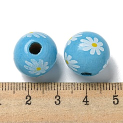 プリントウッドヨーロピアンビーズ  デイジー模様の丸い  空色  15.5~16mm  穴：4~4.5mm&nbsp;WOOD-G022-19I