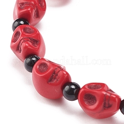 Natürliches Mashan-Jade-Totenkopf-Stretch-Armband mit synthetischem türkisfarbenem (gefärbtem) Kreuzanhänger&nbsp;BJEW-JB08378-02