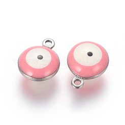 304ステンレススチールエナメルチャーム  ナザールボンジュウ付きフラットラウンド  ステンレス鋼色  ピンク  13x10x5mm  穴：1.4mm&nbsp;STAS-O123-C-08P