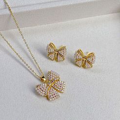 Комплект из колье с подвеской и серег-гвоздиков из латуни с микропаве из прозрачных кубических цирконий FS-WGCEA70-01