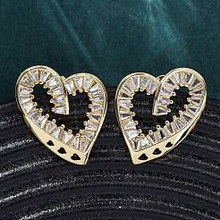 Серьги-гвоздики из латуни с микро-паве и прозрачным фианитом в форме сердца EJEW-H158-01G
