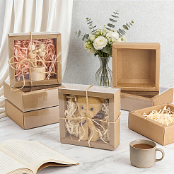 Boîtes à tiroir carrées pliables en carton kraft avec couvercle en plastique transparent&nbsp;CON-WH0100-57C