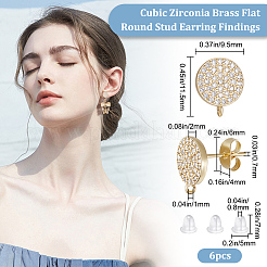 4 пара латунных плоских круглых сережек-гвоздиков с микропаве из кубического циркония ZIRC-BBC0001-96
