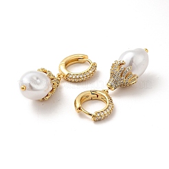 Серьги-кольца с подвесками из искусственного жемчуга из абс-пластика с прозрачным кубическим цирконием EJEW-F288-02D