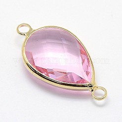 ゴールデントーン真鍮ガラスティアドロップリンクコネクター  パールピンク  21x11x5mm  穴：2mm&nbsp;GLAA-J010A-HF01-G