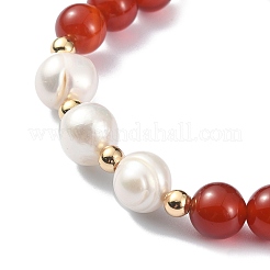 Bracciale elasticizzato da donna con corniola naturale e perline di perle&nbsp;BJEW-JB09384-01