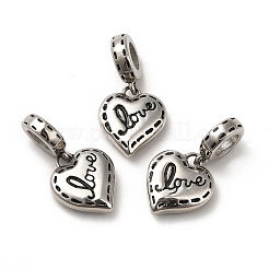 304ステンレススチール製ヨーロピアンダングルチャーム  大穴ペンダント  単語「love」付けのハート  アンティークシルバー  21mm  ハート：13x11x4mm  穴：4mm&nbsp;STAS-F281-06AS