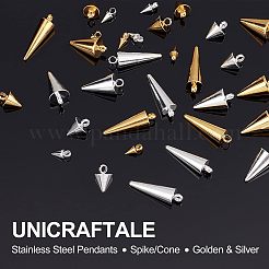 32個4スタイル304ステンレススチールペンダント  スパイク/コーン  ゴールデン＆シルバー  6.5~18x3~7mm  穴：1.5~2mm  8個/スタイル&nbsp;STAS-UN0027-88