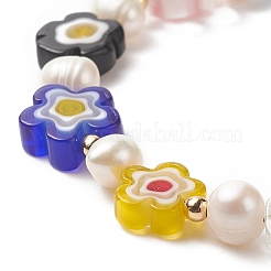 ミッレフィオーリ ガラス フラワー ＆ 天然パール ビーズ ブレスレット レディース  カラフル  7-1/2インチ（19.2cm）&nbsp;BJEW-JB09138