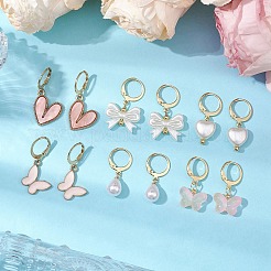 ガラス＆合金エナメル＆アクリルフープピアス6組  蝶結び/蝶/ハートフープピアス  ゴールドカラー  ミックスカラー  21~30x8~18mm  6のペア/セット&nbsp;EJEW-JE06180