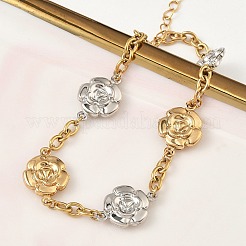 304ステンレススチール製カメリアリンクブレスレット  女性用アズキチェーンブレスレット  イオンプレーティング（ip）  長持ちメッキ  本金メッキ&ステンレススチールカラー  7.28インチ（18.5cm）&nbsp;BJEW-A169-03GP