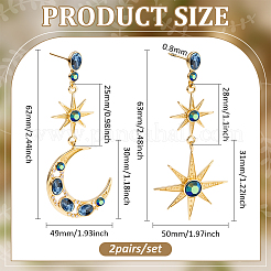 2 пара серег-гвоздиков цвета аквамарин со стразами в виде луны и звезды&nbsp;EJEW-HY0001-32