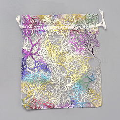 オーガンジーギフトバッグ巾着袋  巾着袋  ポプリ用オーガンジーポーチ  カラフルなサンゴ模様  長方形  ホワイト  7x5cm&nbsp;OP-Q051-5x7-02