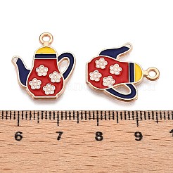 合金エナメルチャーム  ライトゴールド  鉛フリー＆カドミウムフリー  花チャーム付きティーポット  ファイヤーブリック  19x16x1mm  穴：1.6mm&nbsp;X-ENAM-T020-46-RS