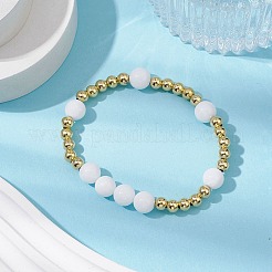 Bracelets extensibles ronds en acier inoxydable 304 et perles de jade blanc naturel pour femmes&nbsp;BJEW-JB11053-02