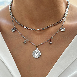 304ステンレススチール製ディスクハートペンダントダブルレイヤーネックレス（女性用）  変色しない  ステンレス鋼色  15.75~17.72インチ（40~45cm）  2個/セット&nbsp;WG4F0FA-02