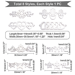 8個 8スタイル 304ステンレススチールリンクコネクター  レーザー切断  ハート＆ボウノット＆バタフライ＆クラウン＆スター＆ハムサハンド＆スノーフレーク  ステンレス鋼色  1個/スタイル&nbsp;STAS-UN0028-54