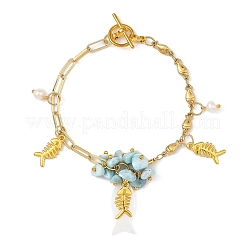 Bracelets multi-breloques en alliage océanique avec perles en larimar naturel et motifs de poissons&nbsp;BJEW-JB14272