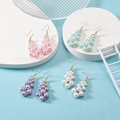ガラスパール & 合成ヘマタイト ラウンド ビーズ ティアドロップ ダングル イヤリング  女性のためのゴールデンブラスワイヤーラップジュエリー  ミックスカラー  54.5mm  ピン：0.6mm&nbsp;EJEW-JE05254