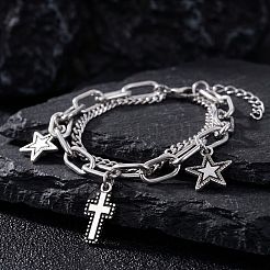201ステンレススチール製、宗教的な十字架と星のチャームが付いた2連ブレスレット（男女兼用）  変色なし  ステンレス鋼色  6.69インチ（17cm）&nbsp;WGB8510-01