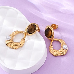 Серьги-гвоздики овальной формы из нержавеющей стали 304 с тигровым глазом&nbsp;EJEW-R027-02G